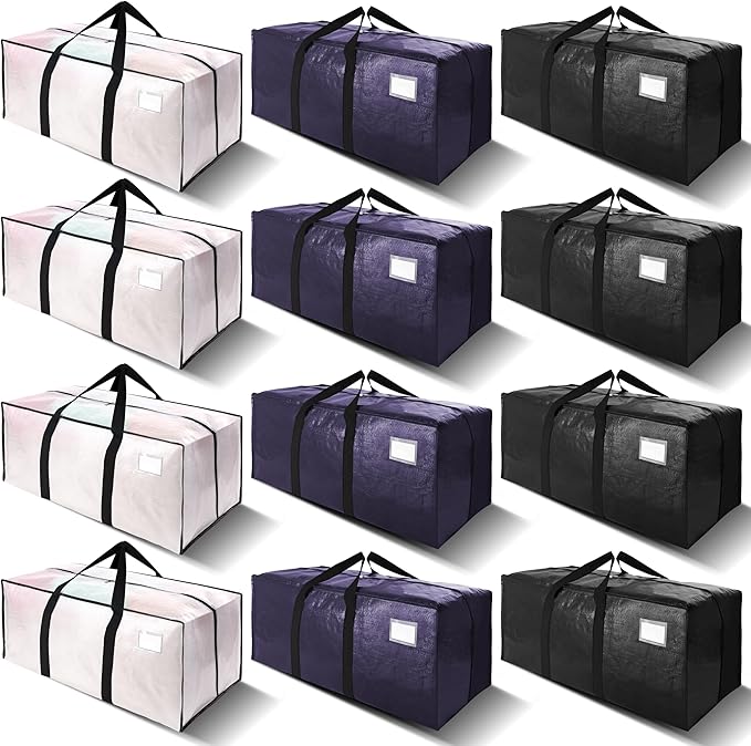 VELVETSURE 12 Pack Heavy Duty Large Moving Bags W/Backpack Straps - Strong Handles & Zippers, Storage Totes, Fold Flat, Alternative to Moving Box and Storage Bin, Semi-Transparent+Blue+Black