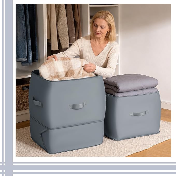 4PCS Comforter Storage Bag 125L Large Capacity Blanket Storage Bags 2-Layer Ultra Space Saving Self Compression Organize Closet Organizers for Comforter Blanket Duvet Down Jacket (Gray)