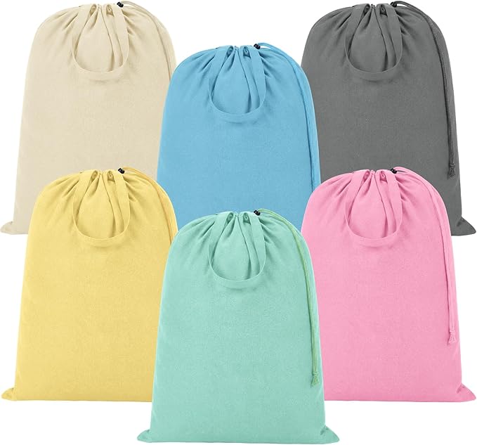 Zhehao 6 Packs Canvas Laundry Bags 20" x 28" Thick Heavy Duty Cotton Laundry Bag with Handles & Drawstring Fit a Basket or Hamper Perfect for College Dorm Apartment Dwellers and Travel(Warm Color)