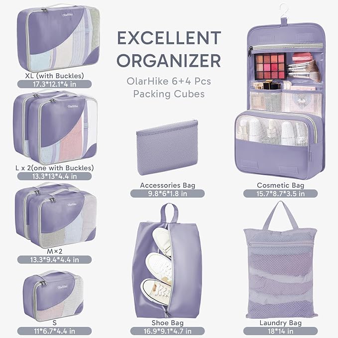 10 Set Packing Cubes for Travel, Gifts for Women Mom,Anti-Tearing Suitcase Organizer,OlarHike Vacation Essentials & Accessories for Cruise Ship