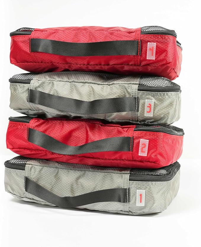 Medium Packing Cubes for Travel - 4 Piece Luggage Organizer Cubes for Carry On Luggage Backpack and Carry On Suitcase with Unique Number and Color Coded System - Dual Zippers, Top Handle, Red and Grey