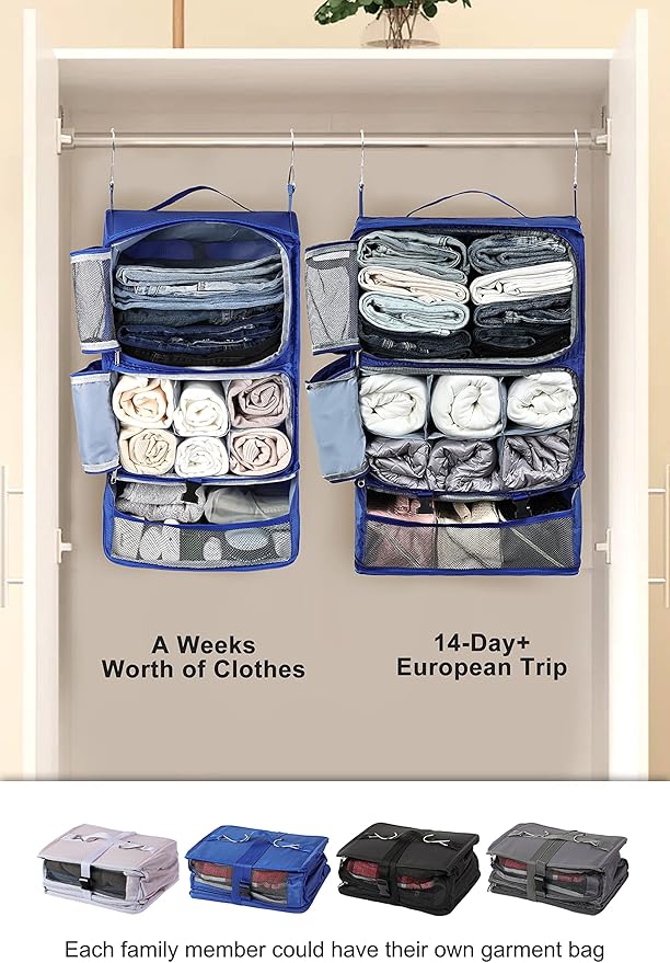 ELEZAY Hanging Packing Cubes Portable Closet 3-Shelf Travel Collapsible Compression Garment Organizer for Carry-on Luggage Suitcase Space Saver Bag X-Large_12*10 * 24 in, Blue