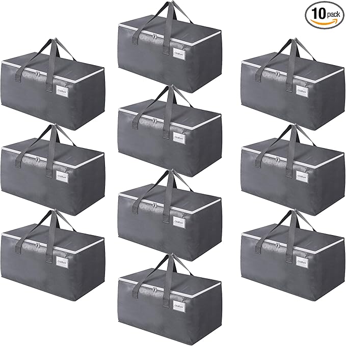 BlissTotes Large Moving Boxes and with Zippers & Handles Moving Supplies with lids, Heavy Duty Totes for Storage Bags for Space Saving, Fold Flat, Moving and Storing, 93L, 10 Pack