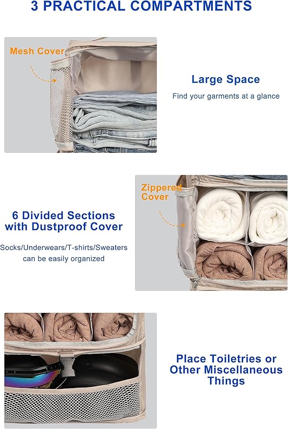 ELEZAY Hanging Packing Cubes Portable Closet 3-Shelf Travel Collapsible Compression Garment Organizer for Carry-on Luggage Suitcase Space Saver Bag X-Large_No Side Pockets, Beige