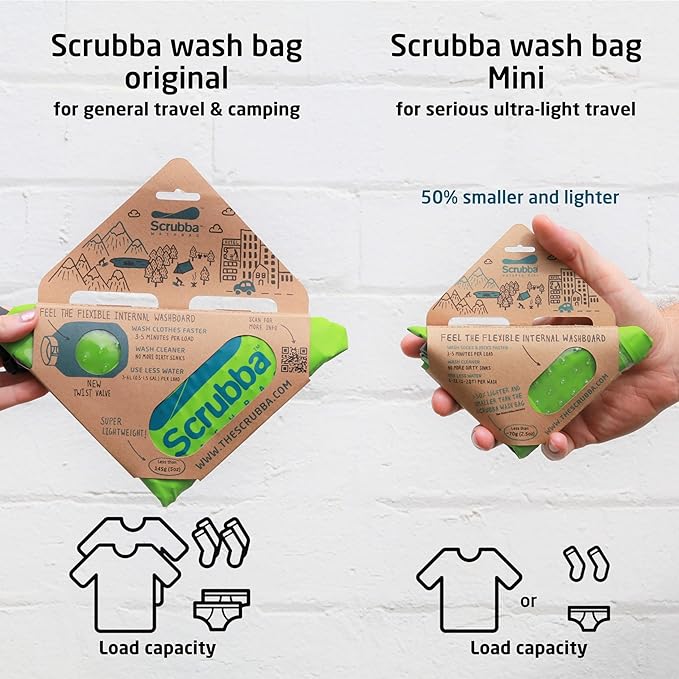 Scrubba MINI Wash Bag - Ultra-Compact Portable Washing Machine - Pocket-Size Clothes Washer for Travel, Camping & Hiking - Dry Bag & Laundry Essentials - Use with Detergent or Hand Soap - 3.0 oz.