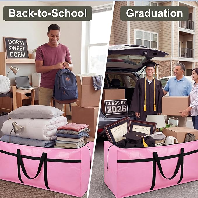 4 Pcs 96 Gallon Extra Large Moving Bags Heavy Duty Storage Bag with Strong Zipper Handle Foldable XXL Jumbo Storage Tote Packing Moving Box for College Dorm Travel Cloth Duffle (Pink)