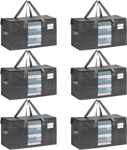 VENO 6 Pack Heavy Duty Moving Bags, Clothes and Comforter Storage Bags with Clear Window, College Dorm Essentials Packing Supplies, Foldable Boxes Alternative (Gray, 6 Pack)