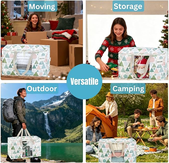 VENO 4 Pack Moving Bags, Large Christmas Storage Bins with lids, Packing Supplies for College, Alternative to Moving Boxes, Foldable, Heavy-Duty Tote, Christmas Pattern (Pastel Forest, 4 Pack)