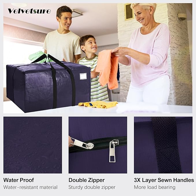 VELVETSURE 12 Pack Heavy Duty Extra Large Moving Bags W/Backpack Straps - Strong Handles & Zippers, Storage Totes For Space Saving, Fold Flat, Alternative to Moving Box and Storage Bin, Blue