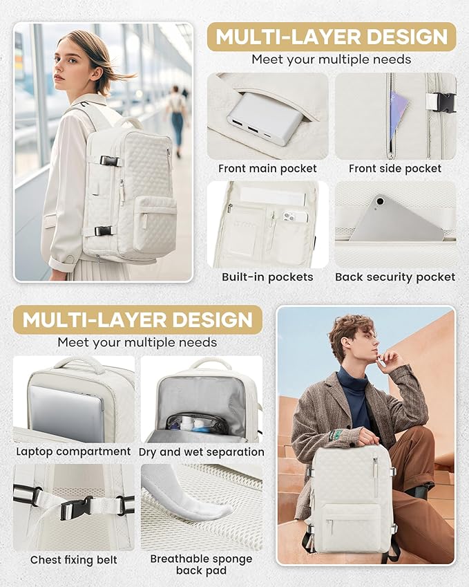 WONHOX Travel Vacuum Storage Backpack with Air Pump Vacuum Seal Compression Space Saver Bags Clothing Vacpack 18x14x8 inches Travel Bag Carry on Personal item Laptop Work Backpacks Women Men Beige