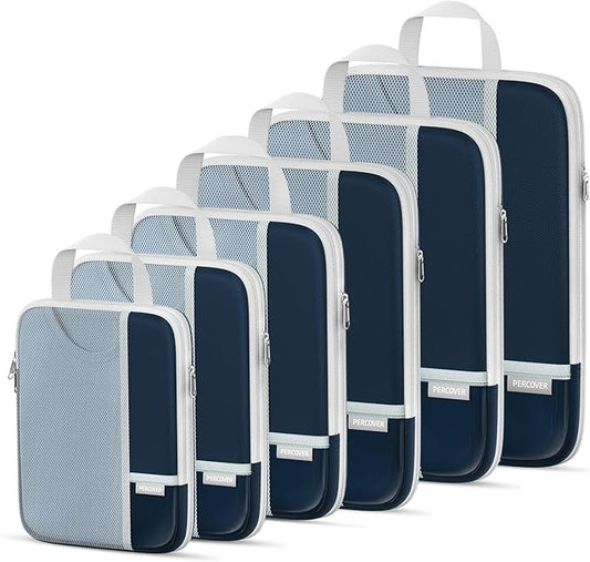 Percover Compression Packing Cubes for Travel, 6-Piece Structured Compression Organizer Set for Organized Packing & Carry-On Luggage, Navy Blue