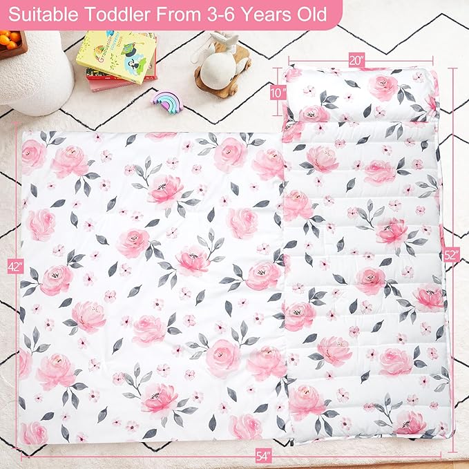 PHF Floral Toddler Nap Mat Set, with Removable Pillow for Toddler Girls, Soft and Lightweight for Daycare, Preschool, Travel, Kindergarten Sleeping Bag, Fits Ages 3-6 Years, Pink Floral