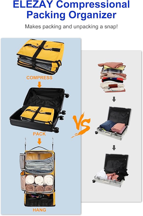 ELEZAY Hanging Packing Cubes Portable Closet 3-Shelf Travel Collapsible Compression Garment Organizer for Carry-on Luggage Suitcase Space Saver Bag X-Large_No Side Pockets, Yellow
