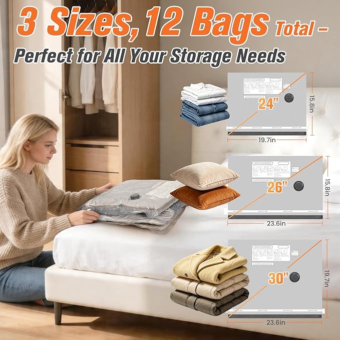 12 Pack Vacuum Storage Bags for Travel with Rechargeable Cordless Pump, Space Saver Bags for Clothes, Compression Packing Bags for Luggage and Suitcase, 12 Combo Size
