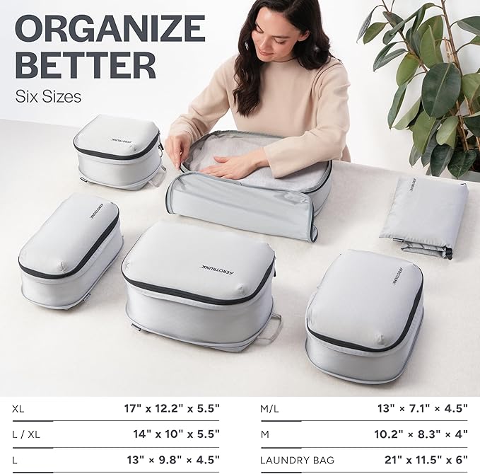 Aerotrunk Ultralight Compression Packing Cubes - Lightweight Travel Organizers for Suitcases and Luggage (6-Pack, Light Grey)