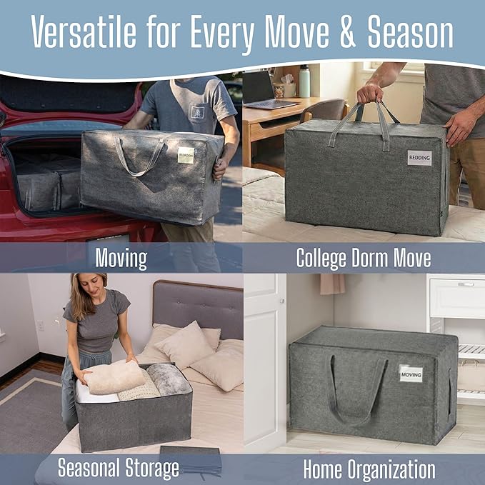 VENO 4 Pack Extra Large Heavy Duty Moving Bags with Wide Opening & Reinforced Handles, Reusable Storage Tote Bags with Strong Zippers for Clothes, College Dorm Essentials & Moving Supplies