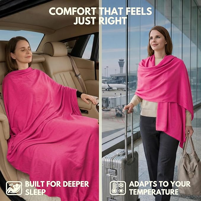16-in-1 Compact Travel Blanket with Bag – Reversible, Ultra Soft Bamboo Airplane Blanket with Hidden Pocket – Packable for Flights & Travel Essentials (Semi-Weighted, Double Layer)