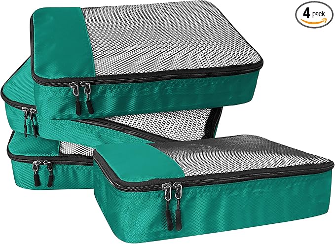 WTREE 4-Piece Packing Cubes Travel Accessories Set for Suitcases - Luggage Organizer Bags with Double Zipper - Mesh Top - Medium - Green