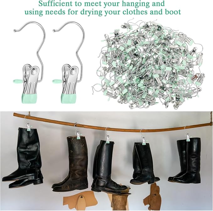 Yinder 150 Pcs Boot Hangers Clips Laundry Hooks Hanging Stainless Steel Clothes Pins Portable Clip Hangers for Closet Travel Socks Pants Handbags Hats Towels (Light Green)