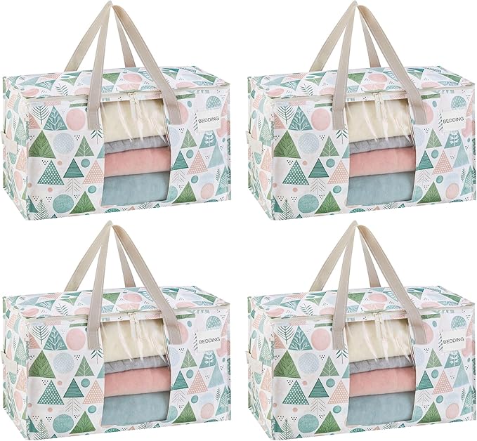VENO 4 Pack Moving Bags, Large Christmas Storage Bins with lids, Packing Supplies for College, Alternative to Moving Boxes, Foldable, Heavy-Duty Tote, Christmas Pattern (Pastel Forest, 4 Pack)