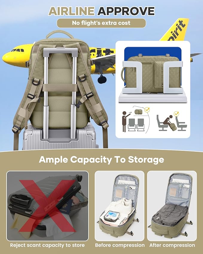 WONHOX Travel Vacuum Storage Backpack with Air Pump Vacuum Seal Compression Space Saver Bags Clothing Vacpack 18x14x8 inches Travel Bag Carry on Personal item Laptop Work Backpacks Women Men Khaki