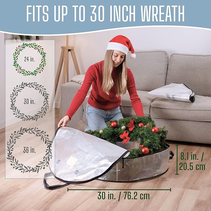 VENO 30 Inch Wreath Storage Container, 4 Pack Clear Round Christmas Wreath Storage Bag, Heavy Duty Clear Holder with Wall Hanging Handles