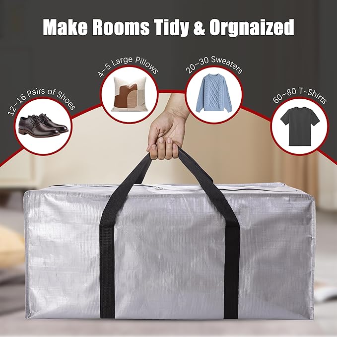 PANDA JOYS Extra Large Moving Bags with Zippers & Carrying Handles, Heavy-Duty Storage Tote for Space Saving Moving Storage, Fold Flat, Alternative to Box and Bin - 12 Pack, Silver