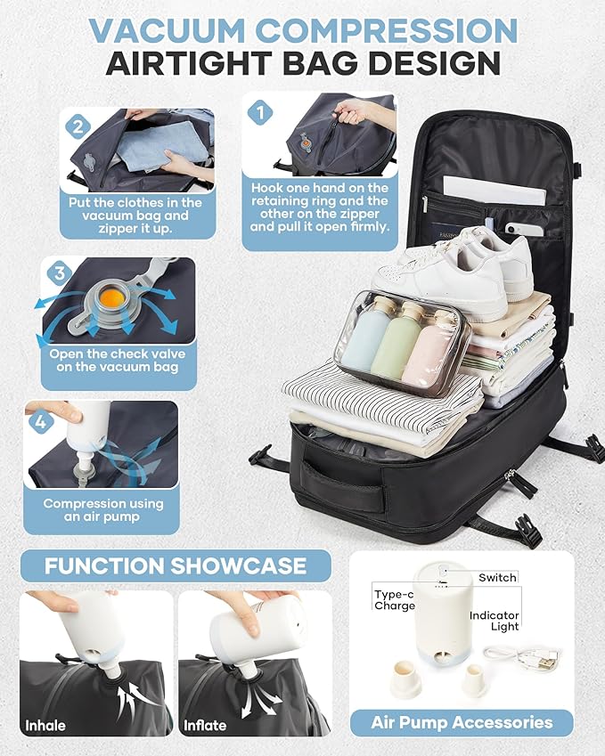 WONHOX Vacuum Seal Backpack for Travel with Air Pump Daypack Carry on Flight Approved Compression Laptop Space Saver Bags Storage with Vacuum System 18x14x8 inches Travel Essentials Bag Women Black