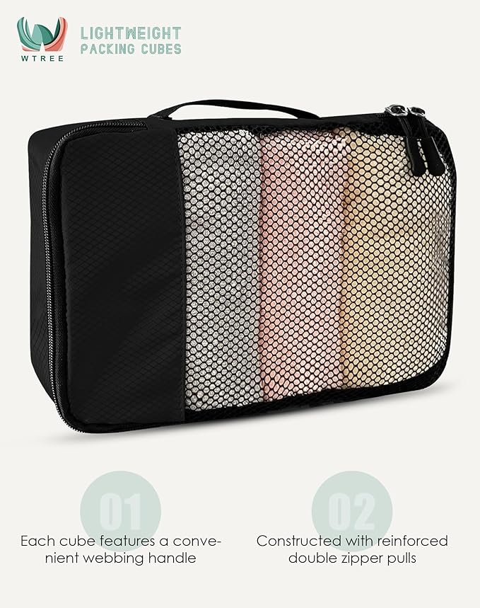 WTREE 4-Piece Packing Cubes Travel Accessories Set for Suitcases - Luggage Organizer Bags with Double Zipper - Mesh Top - Medium - Black