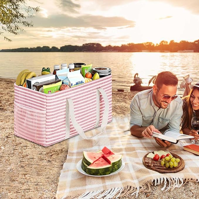 LHZK Standing Extra Large Utility Tote Bag with Metal Wire Frame and the Sides Rinforced, Extra Large Tote Bag with Handle, Reusable Grocery Bags Foldable, Beach Bag, Car Tote (Pink) | Metal Wire Frame