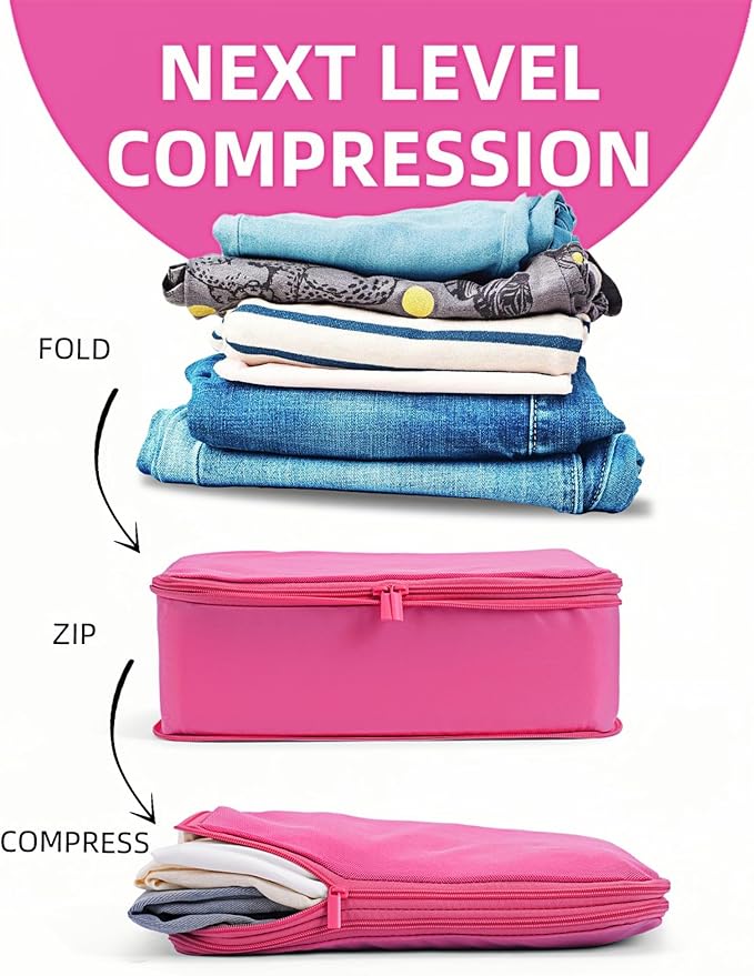 6 Set Compression Packing Cubes for 7–14 Day Travel, Durable Nylon Oxford Luggage Organizers with IP6X Waterproof Toiletry Bag, Expandable Suitcase Packing System (Rose Red)
