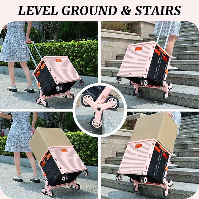 FELICON SELORSS Folding Utility Cart Portable Rolling Crate Handcart with Stair Climbing Wheels&360°Swivel Wheels Telescoping Handle Plastic Box Dolly for Travel Shop Move Office Teacher Use(Pink)