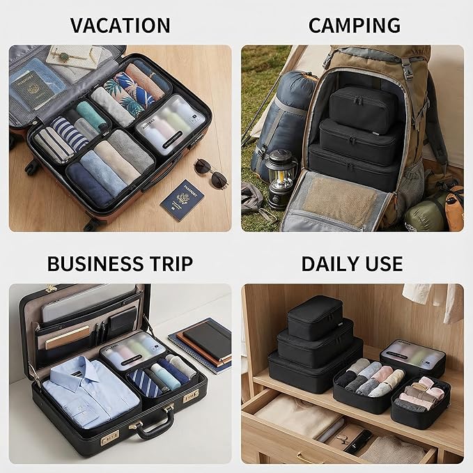 6 Set Compression Packing Cubes for 7–14 Day Travel, Durable Nylon Oxford Luggage Organizers with IP6X Waterproof Toiletry Bag, Expandable Suitcase Packing System (Jet Black)