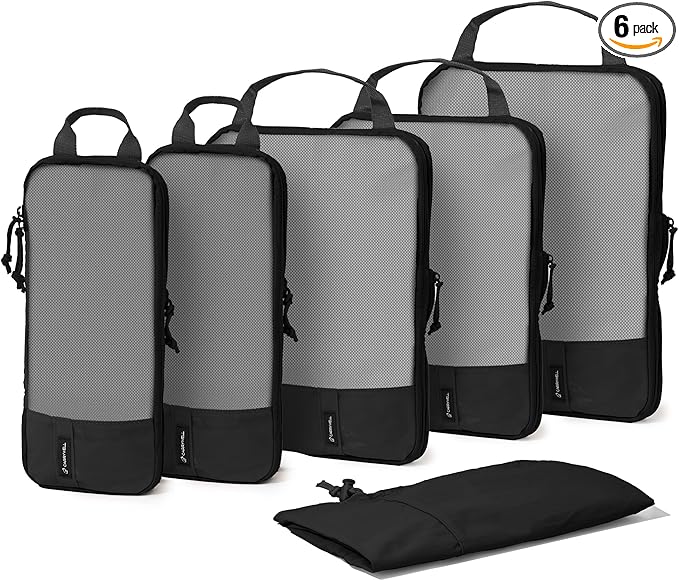 (Not Made In China) 6pc Compression Packing Cubes For Travel, Suitcase and Luggage Space Saver Organizer Bags, Lightweight, Waterproof, Durable, Black