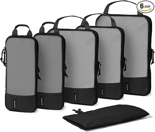 (Not Made In China) 6pc Compression Packing Cubes For Travel, Suitcase and Luggage Space Saver Organizer Bags, Lightweight, Waterproof, Durable, Black