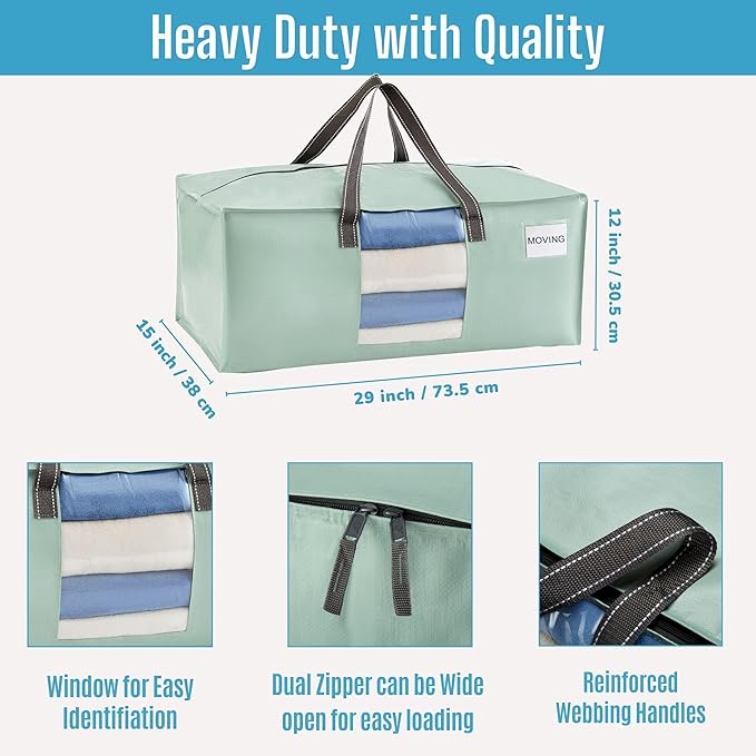 VENO 4 Pack Heavy Duty Moving Bags, Packing Bags with Clear Window, Alternative to Moving Boxes, Storage Bins for Clothes, Blankets, Comforters, College Dorm Essentials (Shiny Light Green, 4 Pack)