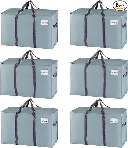 VENO 6 Pack Heavy Duty Moving Bags, Extra Large Storage Bags with Reinforced Handles & Strong Zippers, Foldable & Reusable Moving Box Alternative for Clothes & Dorm Storage