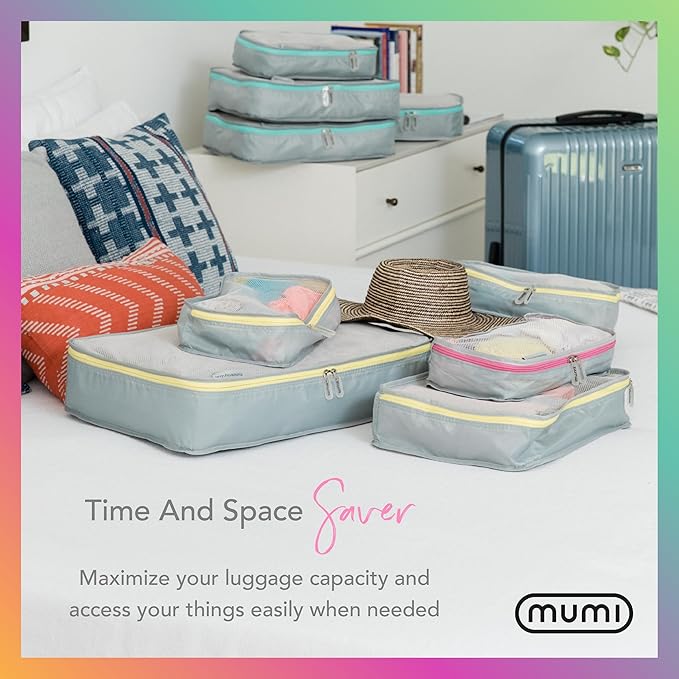 MUMI Packing Cubes - 5 Compression Packing Cubes for Travel, Luggage Organizer Bags for Suitcases, Carry-On, Duffle or Backpack – Mesh, Waterproof Bags for Clothes, Kids & Travel Accessories - Gray