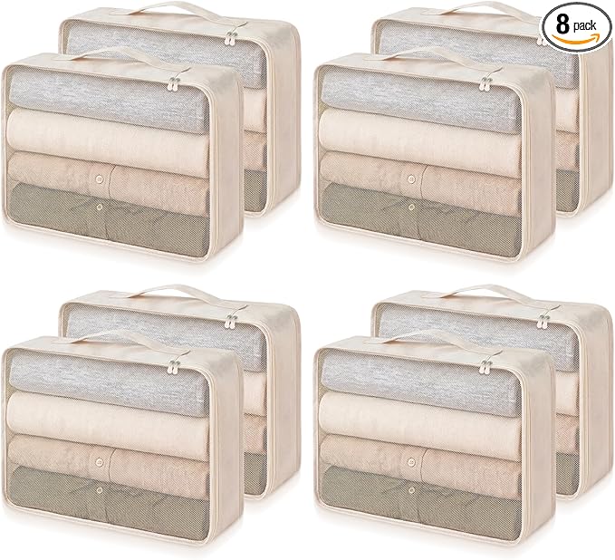 Silkfly 8 Pcs XL Packing Cube for Travel Luggage Organizer Suitcase High Capacity Large Packing Bag Bulk Reusable Mesh Travel Cube for Hiking Camping Accessory, 17.7 x 13 x 4.7 Inch (Beige)