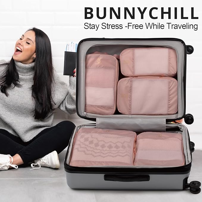 6/8 Sets Compression Packing Cubes for Travel, Bunnychill Portable Zipper Packing Cube for Cloting, Expandable Space Saver Storage Luggage Organizer Bags for Suitcases