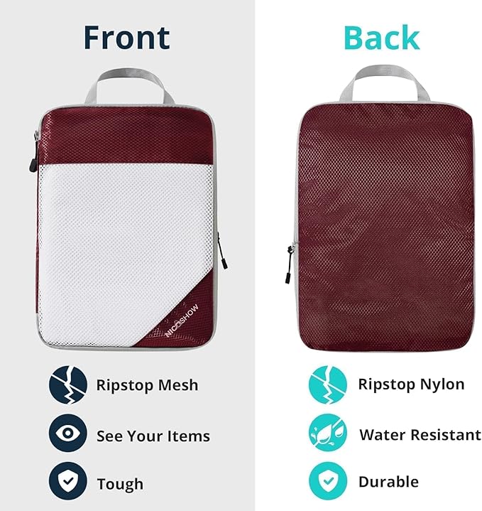 NICOSHOW 6 Set Compression Packing Cubes for Travel - Compressible, Lightweight, and Space-Saving Packing Cubes, Travel Essentials for Women, Wine