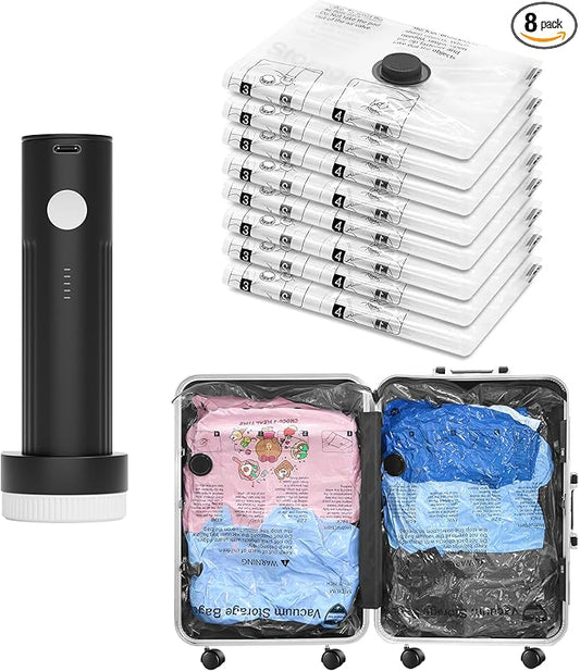 Vacuum Seal Bags for Clothing Travel and Home Storage, Travel Vacuum Bags with Electric Pump, Space Saver Compression Packing Cubes for Luggage Suitcase Bedding Blankets Clothes, 8 Medium