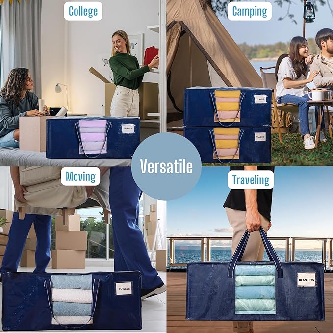 VENO 8 Pack Heavy Duty Moving Bags, Packing Bags with Clear Window, Alternative to Moving Boxes, Storage Bins for Clothes, Blankets, Comforters, College Dorm Essentials (Blue, 8 Pack)