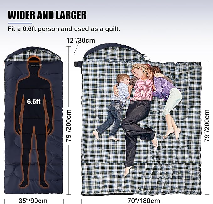 REDCAMP Flannel Sleeping Bag for Adults, Comfortable Cotton Envelope Sleeping Bags for Camping, Backpacking, Hiking, with Detachable Hood&Compression Sack, Blue/Red/Grey/Black