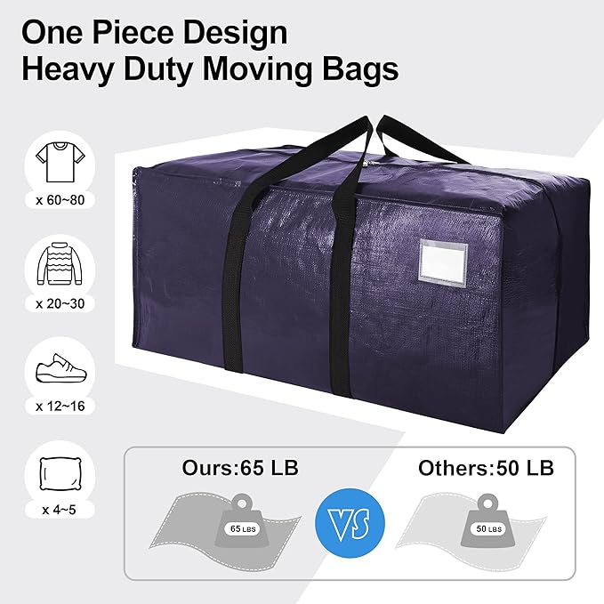 VELVETSURE 6 Pack Heavy Duty Large Moving Bags W/Backpack Straps - Strong Handles & Zippers, Storage Totes, Fold Flat, Alternative to Moving Box and Storage Bin, Semi-Transparent+Blue+Black