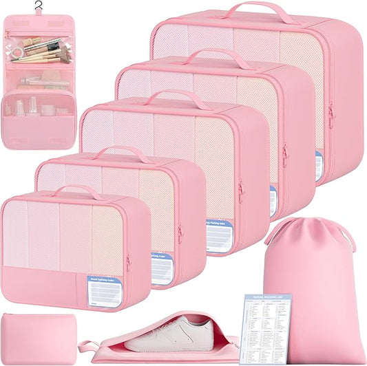 BAGAIL 9 Set Packing Cubes with Packing List Luggage Packing Organizers for Travel Accessories (Pink)