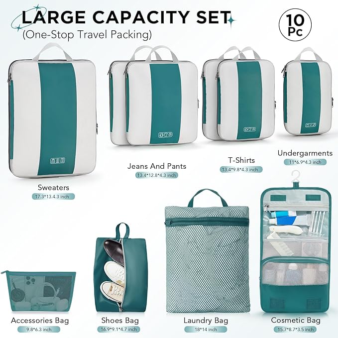 10 Set Compression Packing Cubes for Travel Essentials,Compressible Expandable Packing Cubes for Suitcase,OlarHike Luggage Organizer Bags,Handy Helper for Organizing Clothes(Dark Blue Green)