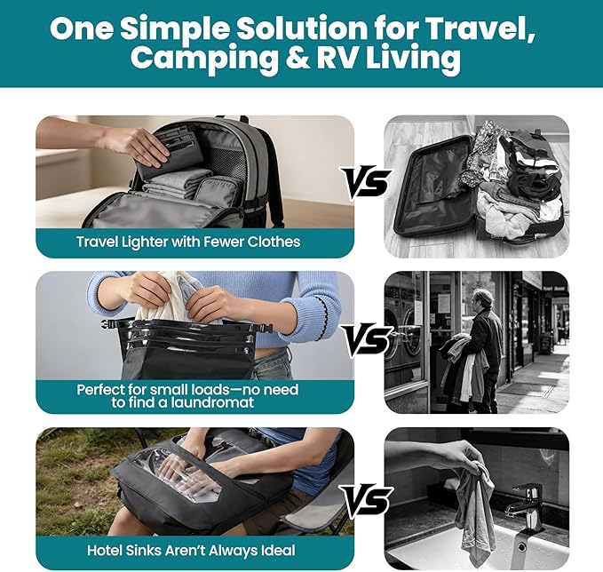 Travel Washing Bag, 2-in-1 Air Valve Design for Separate Washing and Less Water Use, Portable Travel Laundry Washing Bag for Camping, Cruise and RV Living - Travel Lighter, Carry Less