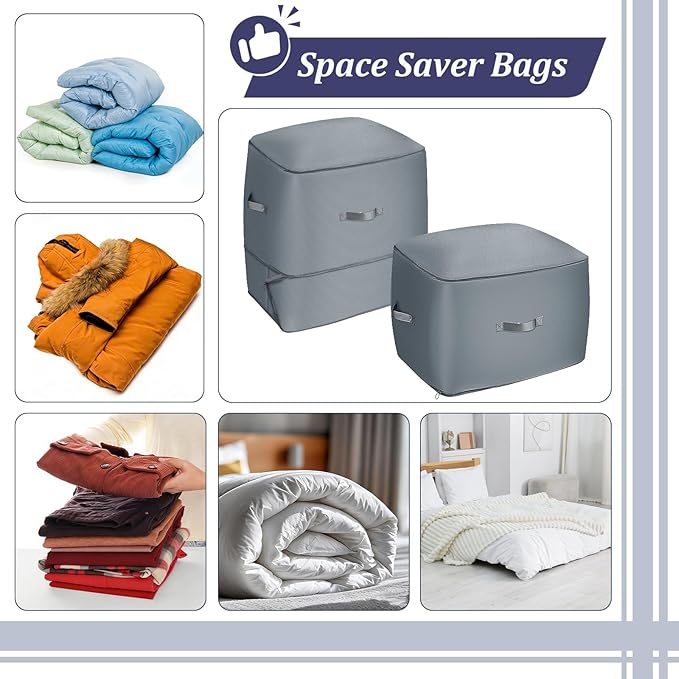 4PCS Comforter Storage Bag 125L Large Capacity Blanket Storage Bags 2-Layer Ultra Space Saving Self Compression Organize Closet Organizers for Comforter Blanket Duvet Down Jacket (Gray)