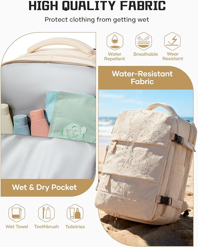 wepadre Vacuum Backpack Travel with Pump Travel Backpack with Vacuum System Expandable Vacpack Compression Backpacks for Travel Easy Vac Pack Carry on Luggage Beige